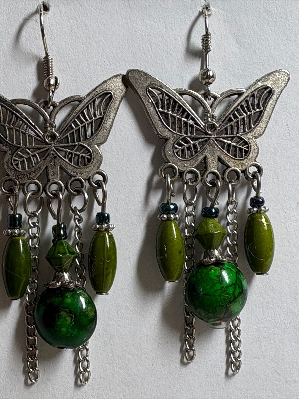 K 14 Silver Butterfly Dangle Earrings with Green Beads